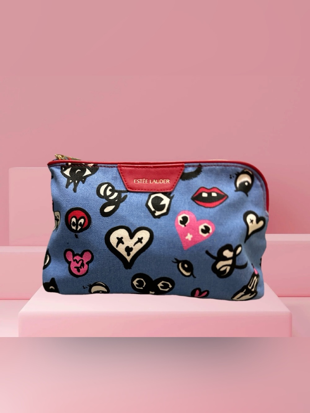 Estée Lauder Blue Pink Red Printed Cosmetic Bag